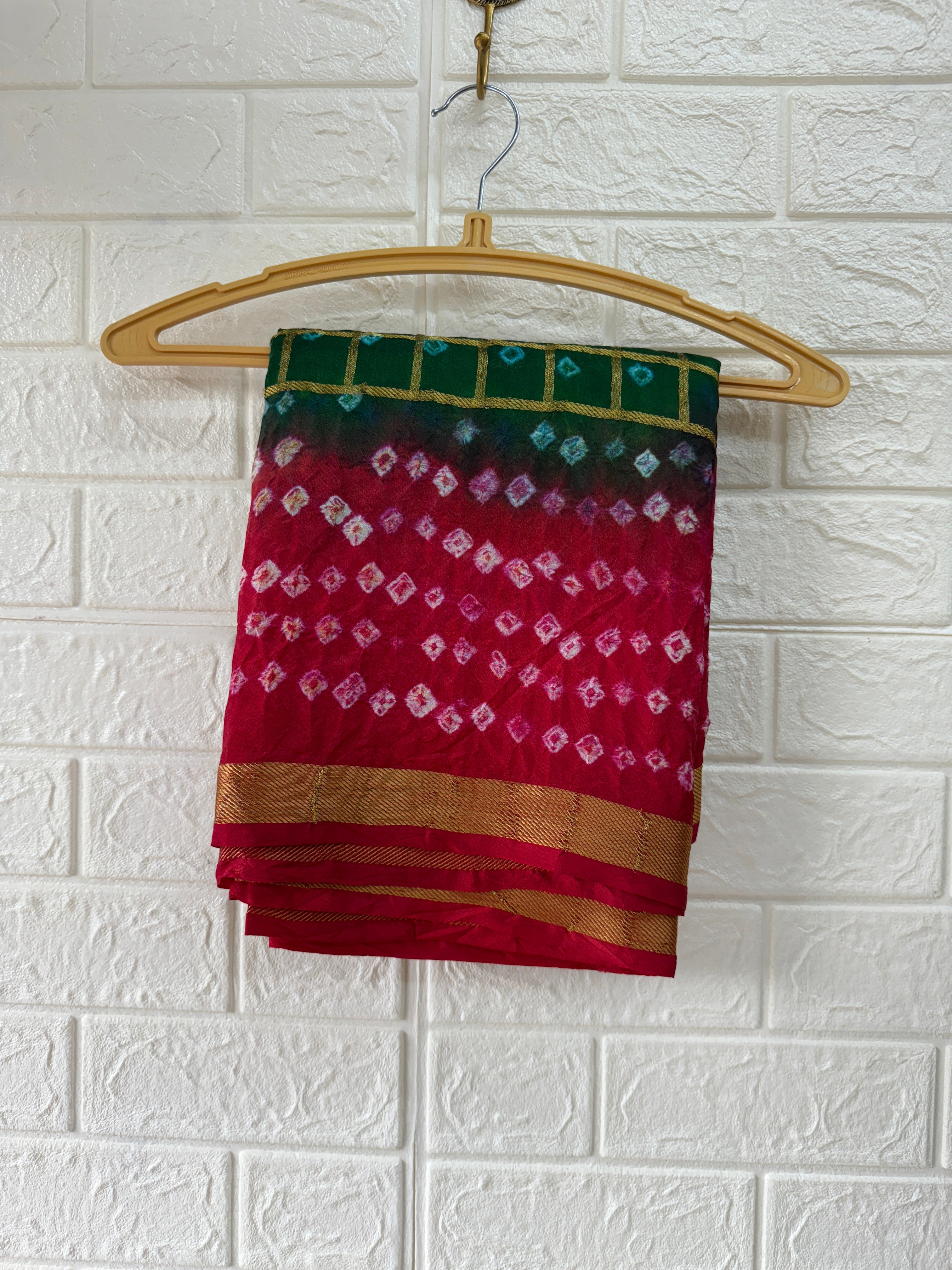 Green And Red Hand Bandhani With Gharchola Jari Checks Art Silk Saree