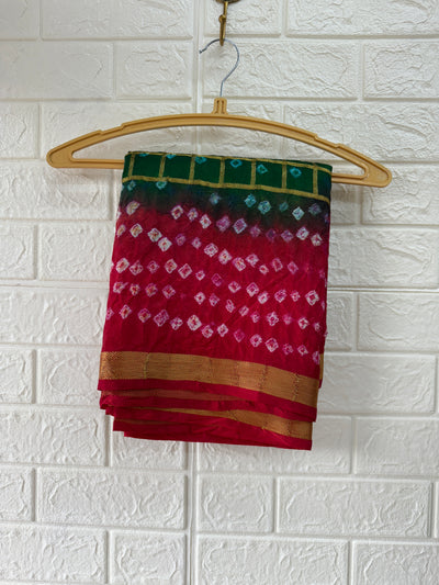 Green And Red Hand Bandhani With Gharchola Jari Checks Art Silk Saree