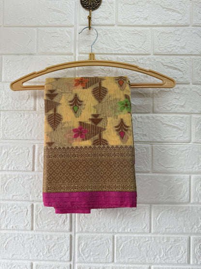 Pale Yellow Semi Tussar Silk Saree With Woven Thread Buttas
