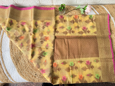 Pale Yellow Semi Tussar Silk Saree With Woven Thread Buttas