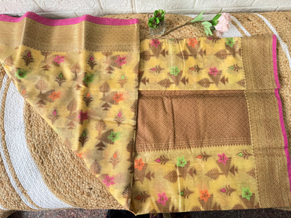 Pale Yellow Semi Tussar Silk Saree With Woven Thread Buttas