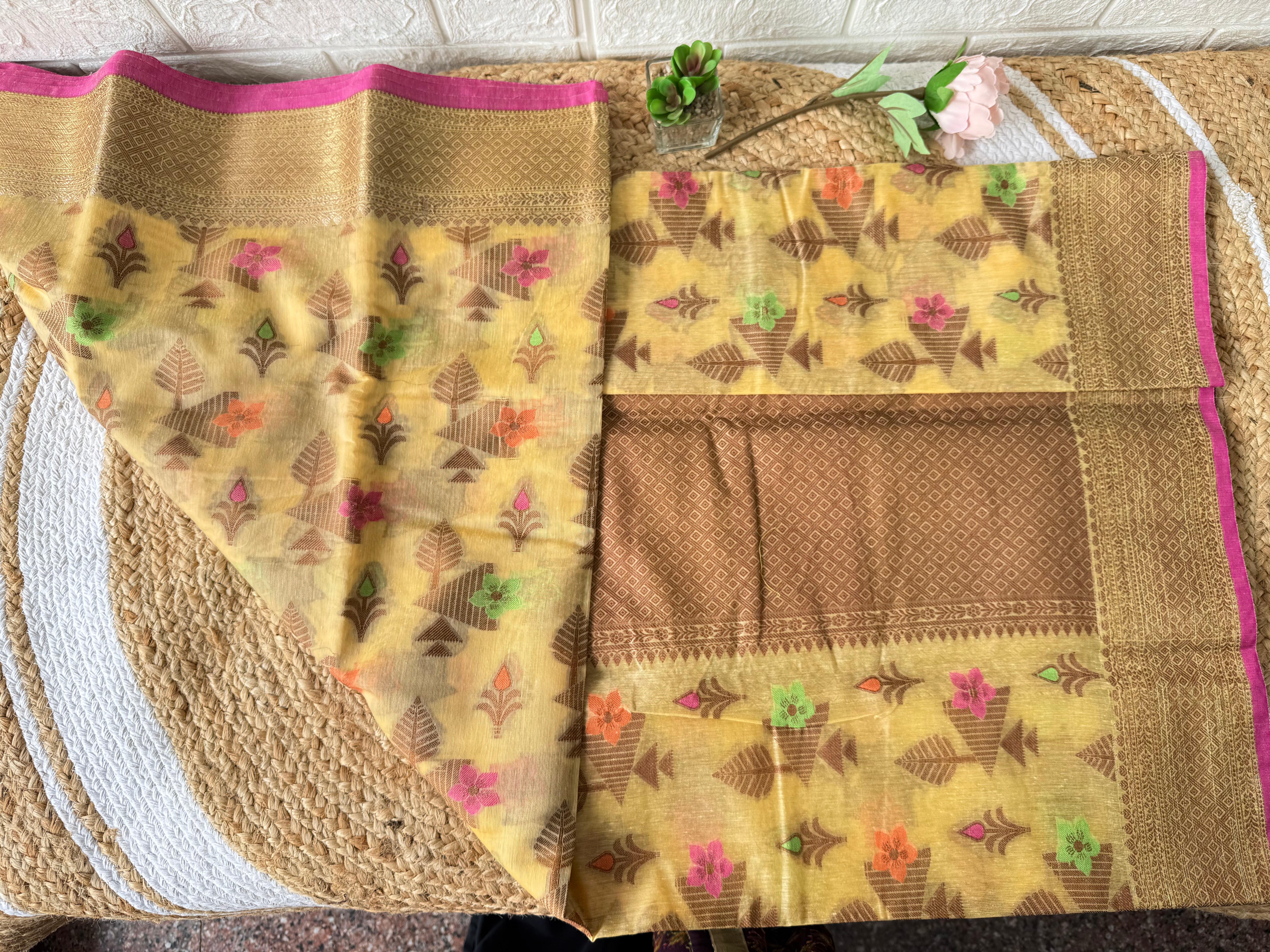 Pale Yellow Semi Tussar Silk Saree With Woven Thread Buttas