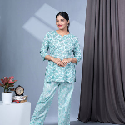 Two Piece Cotton Lounge Wear - Teal