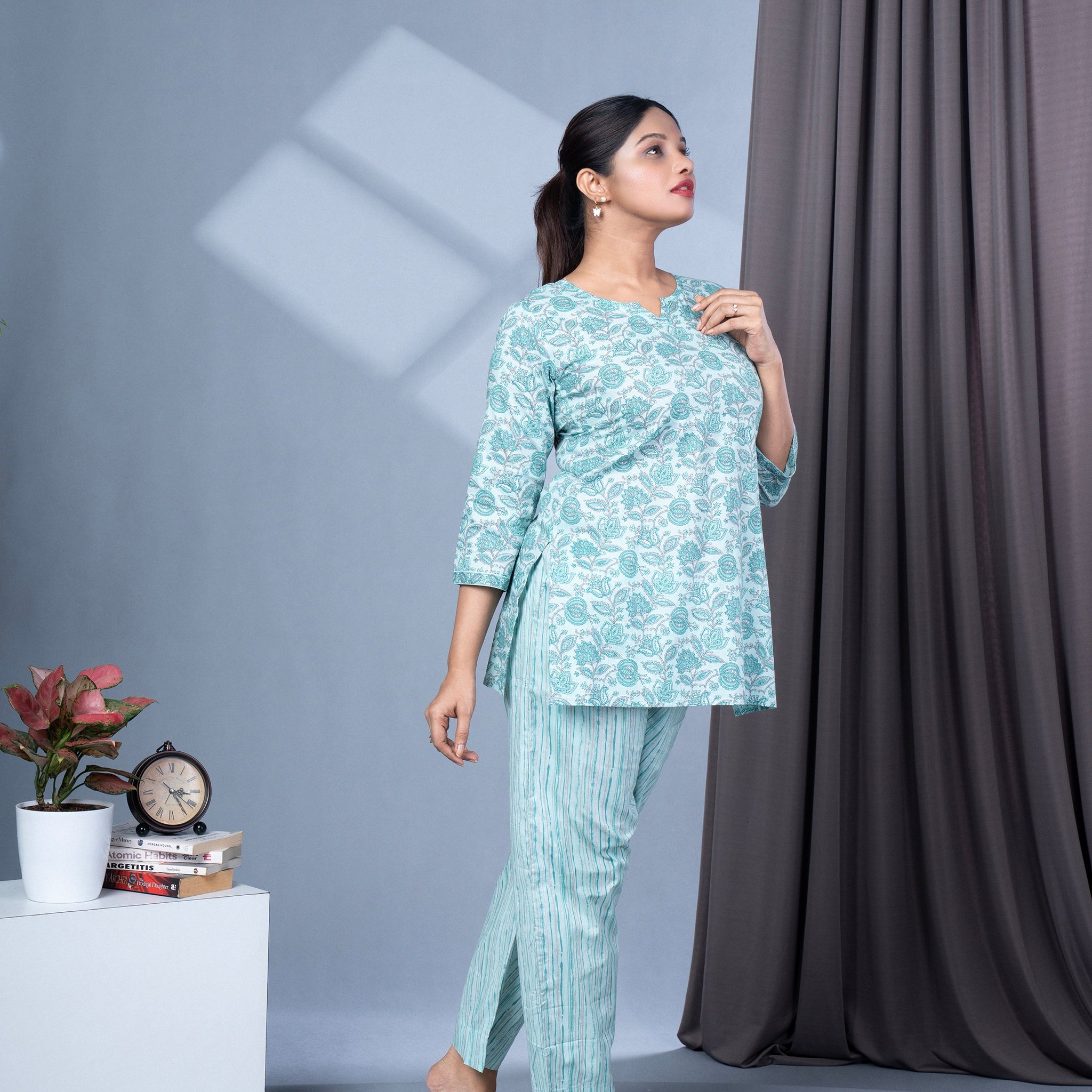 Two Piece Cotton Lounge Wear - Teal
