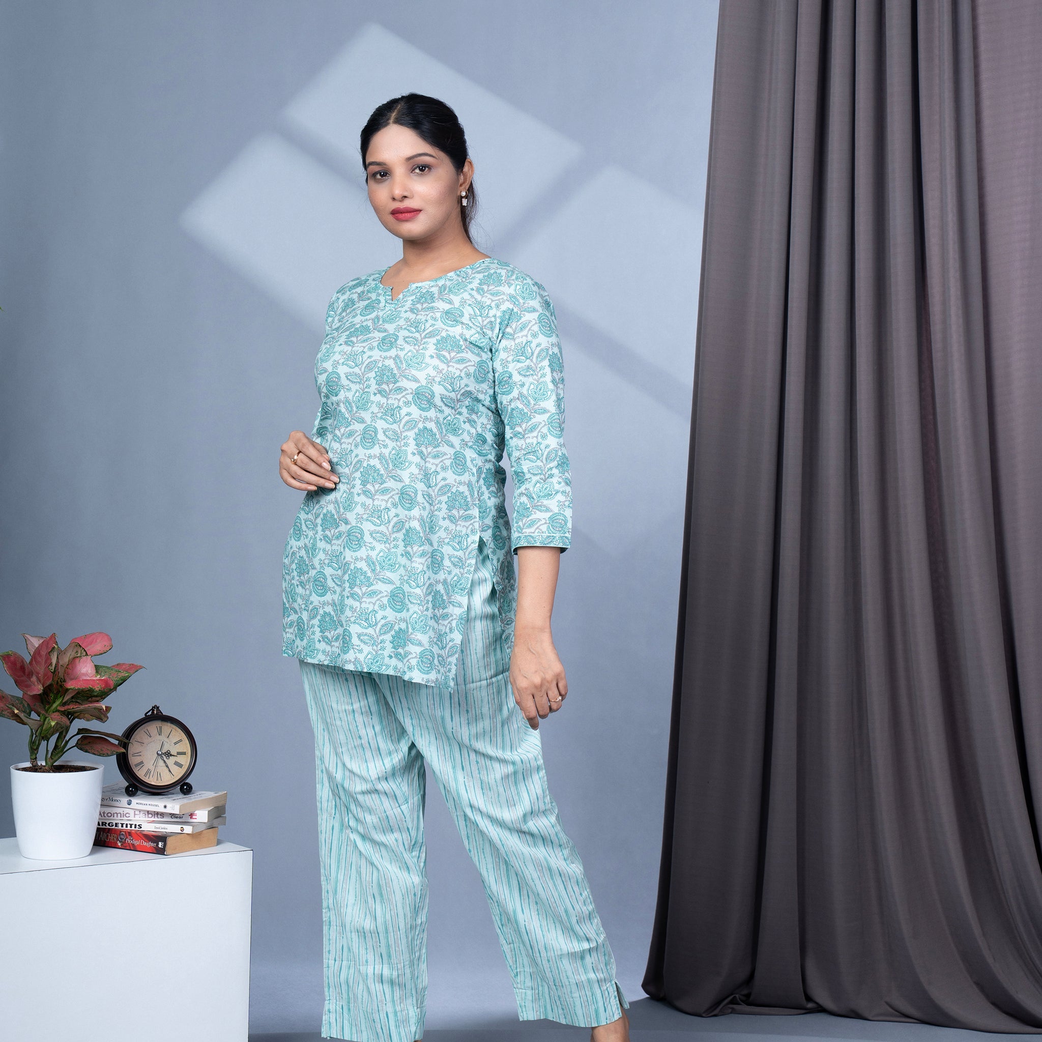 Two Piece Cotton Lounge Wear - Teal