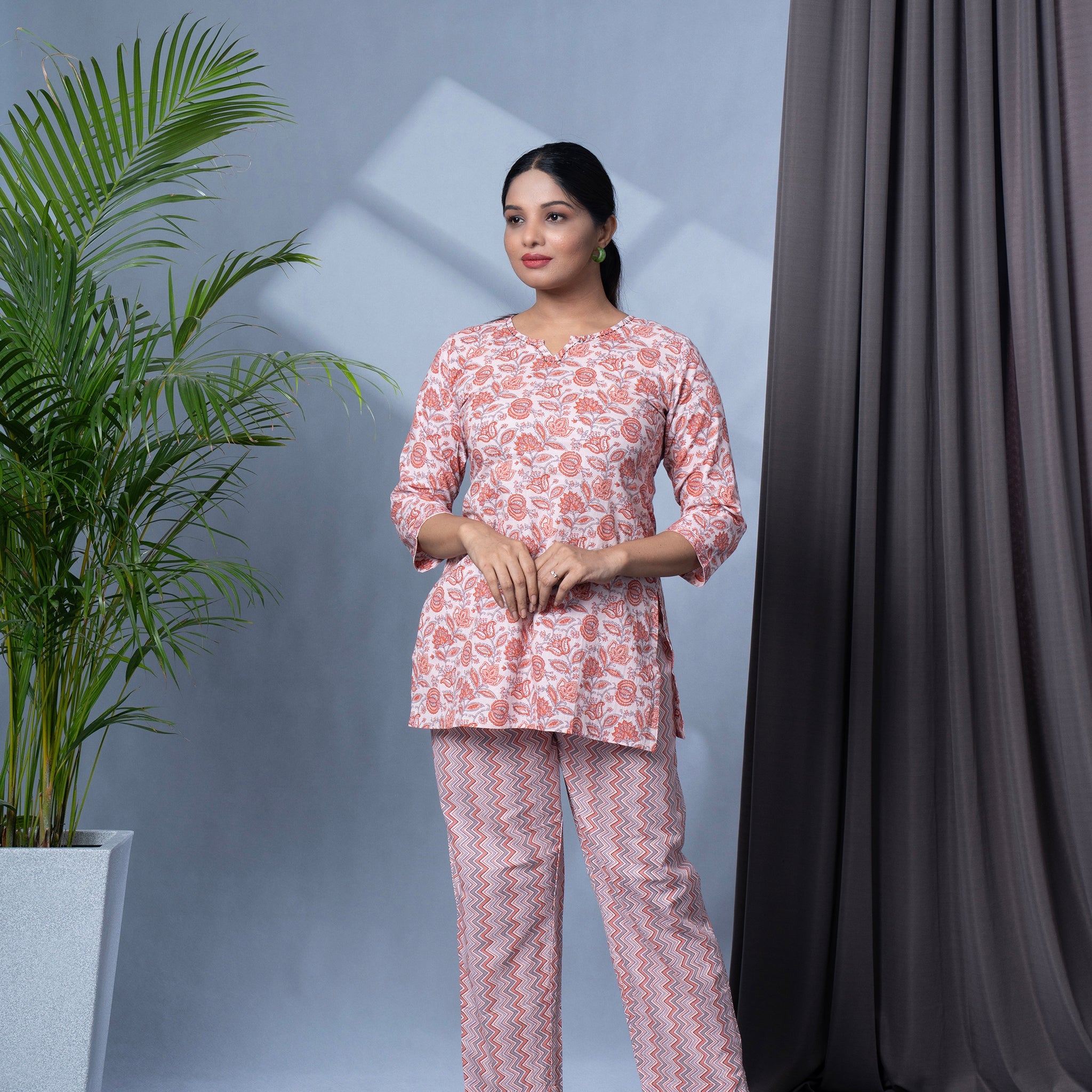 Two Piece Cotton Lounge Wear - Peach