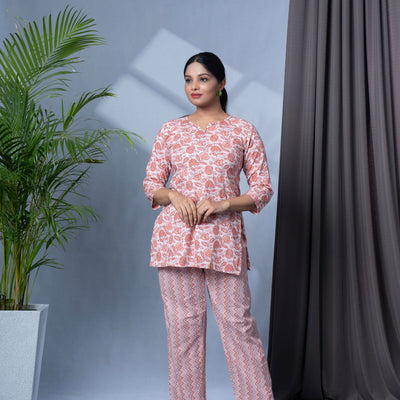 Two Piece Cotton Lounge Wear - Peach