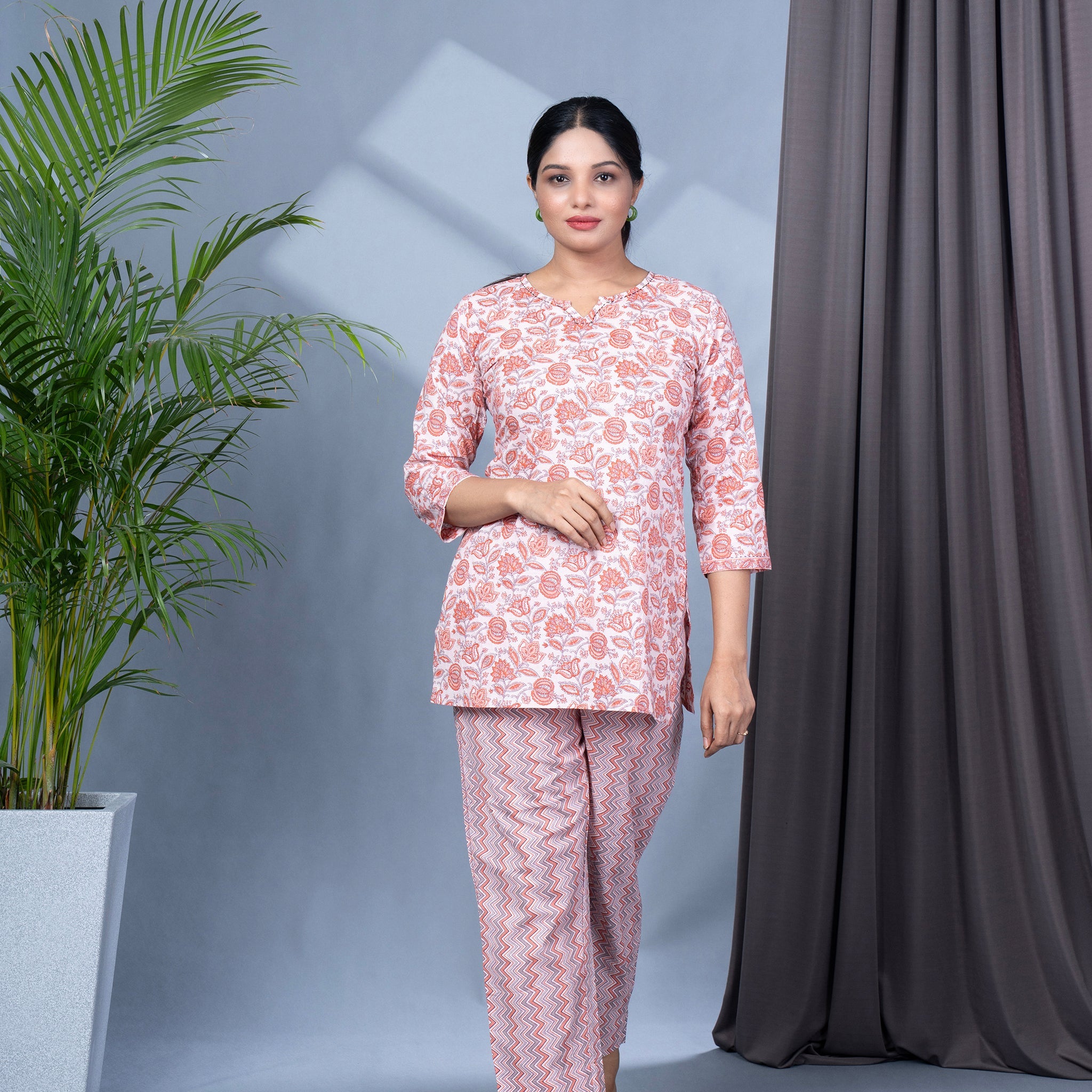 Two Piece Cotton Lounge Wear - Peach
