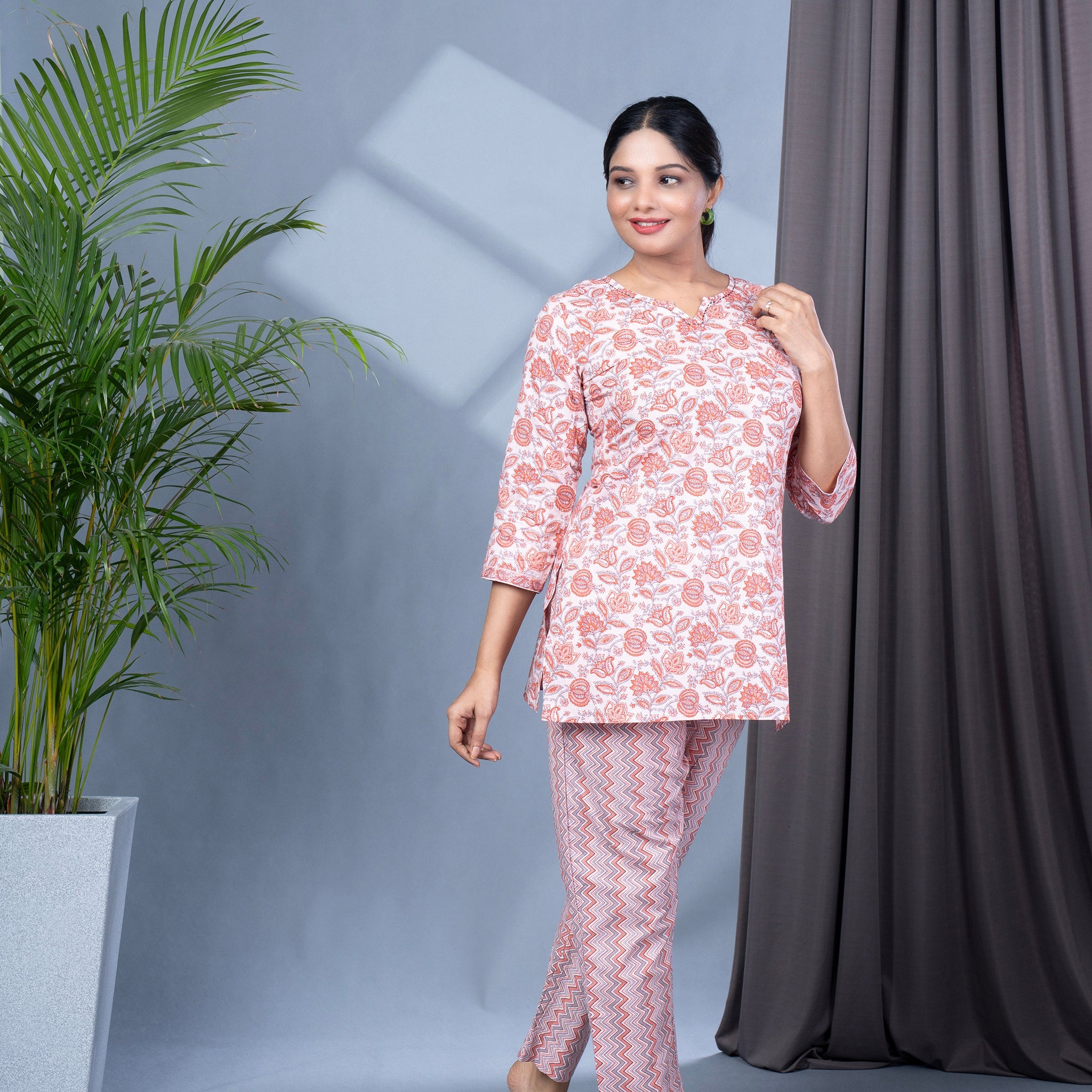 Two Piece Cotton Lounge Wear - Peach