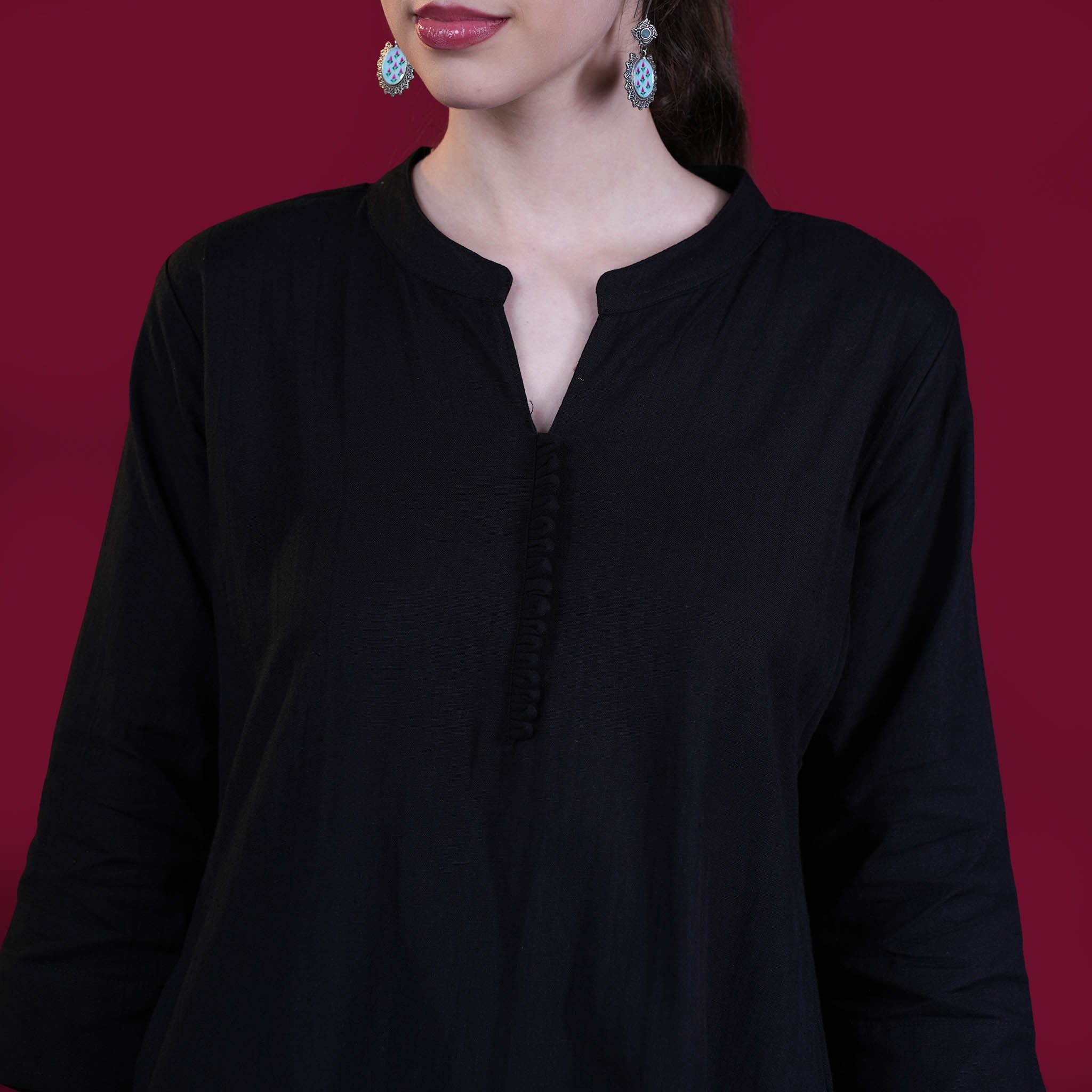 Asian Collar Plain Solid Cotton Flex Kurta - Black
