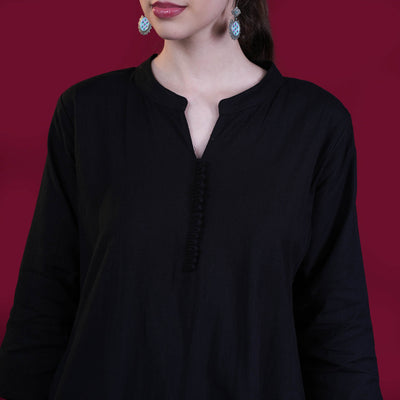 Asian Collar Plain Solid Cotton Flex Kurta - Black