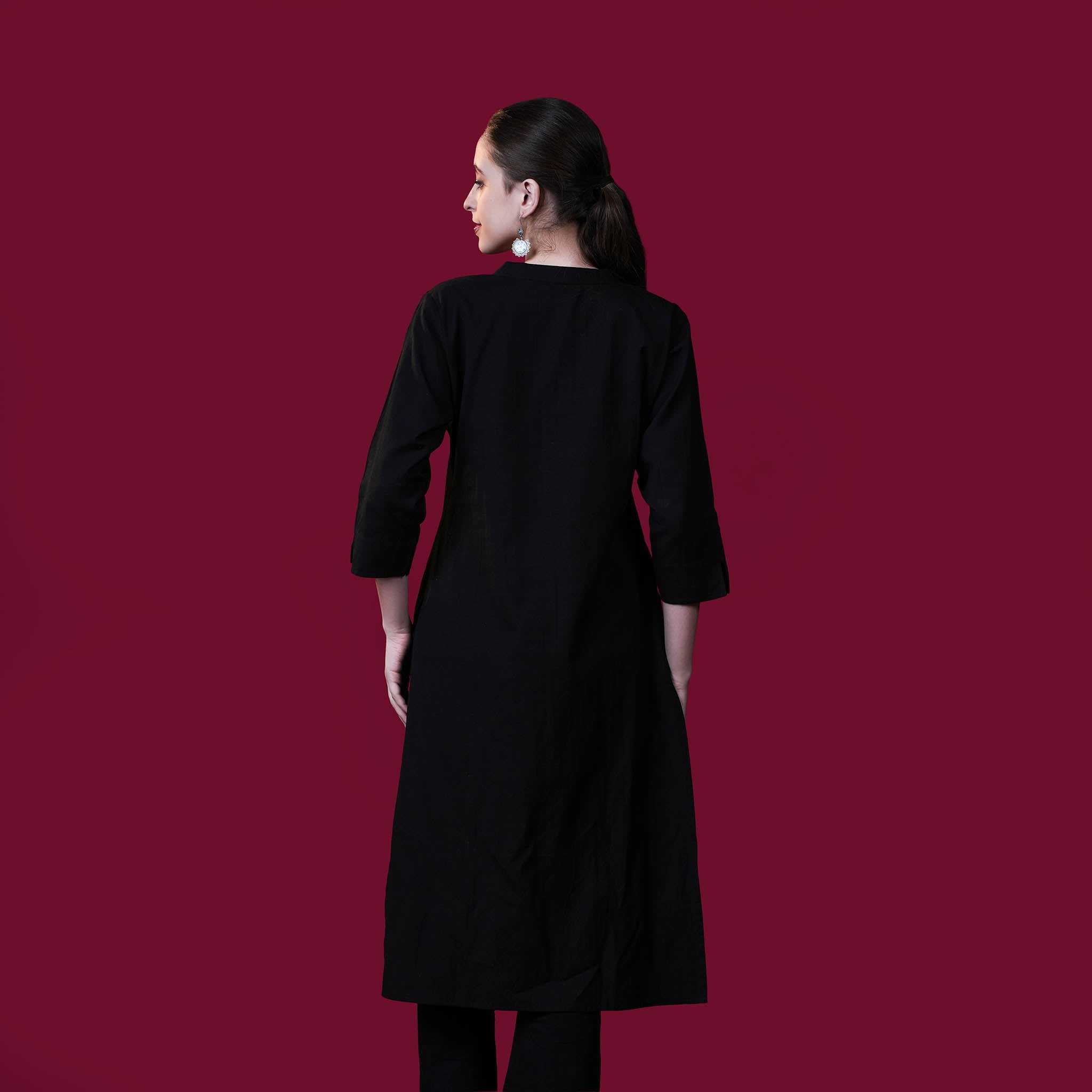 Asian Collar Plain Solid Cotton Flex Kurta - Black