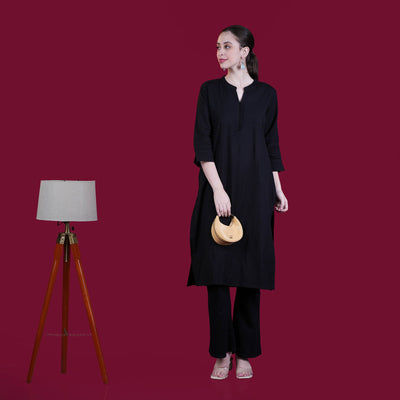 Asian Collar Plain Solid Cotton Flex Kurta - Black