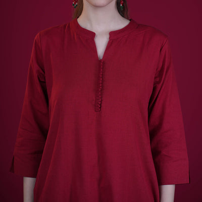 Asian Collar Plain Solid Cotton Flex Kurta - Red