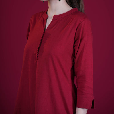 Asian Collar Plain Solid Cotton Flex Kurta - Red