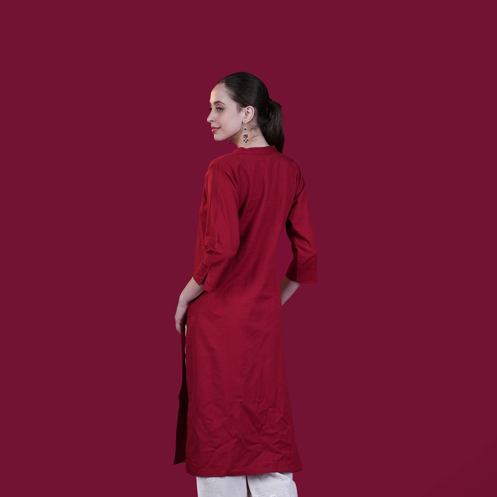 Asian Collar Plain Solid Cotton Flex Kurta - Red
