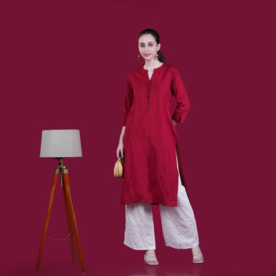 Asian Collar Plain Solid Cotton Flex Kurta - Red