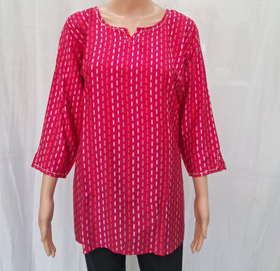 Printed Muslin Tunic With Round Neck - Magenta