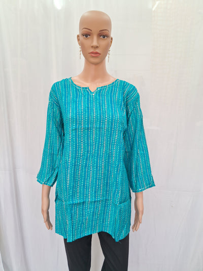 Printed Muslin Tunic With Round Neck - Turquoise