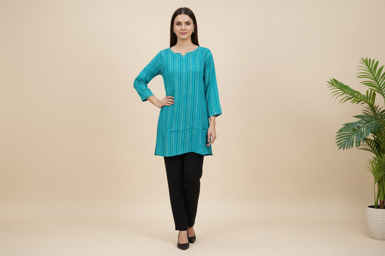 Printed Muslin Tunic With Round Neck - Turquoise