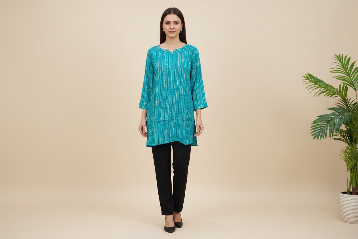 Buy Printed Muslin Tunic With Round Neck in green – Tvahra