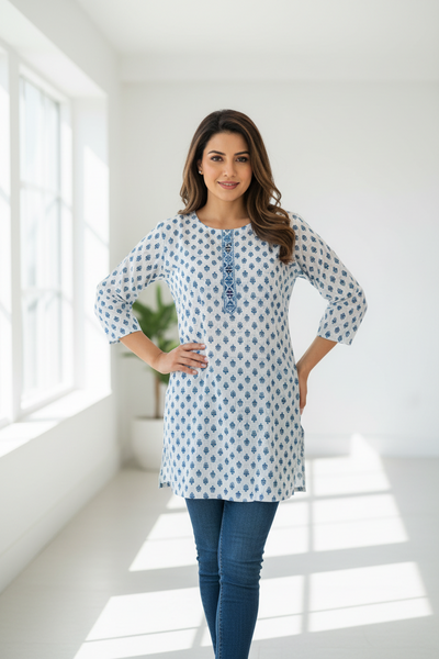Cotton Tunic with Blue Floral Jaipur Print