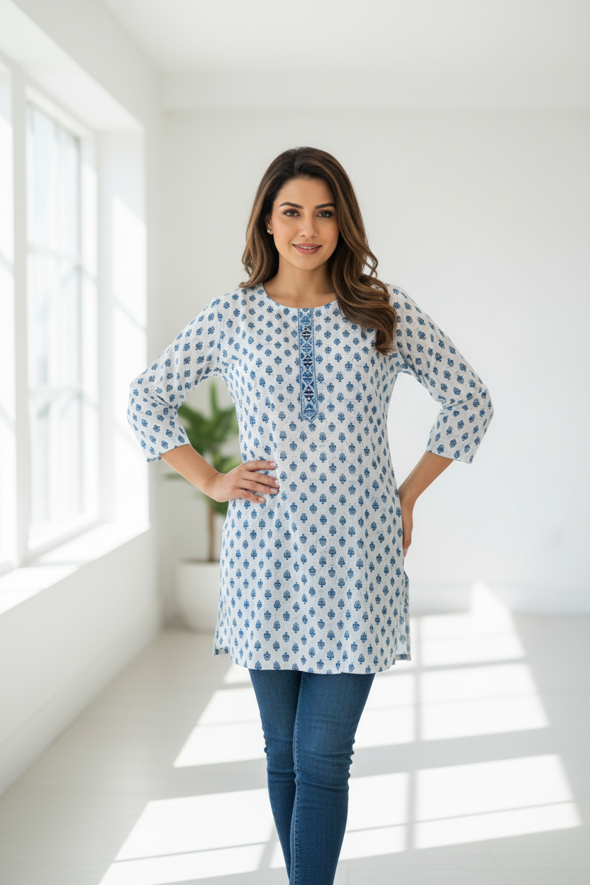 Cotton Tunic with Blue Floral Jaipur Print