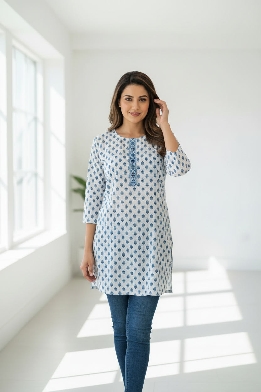 Cotton Tunic with Blue Floral Jaipur Print