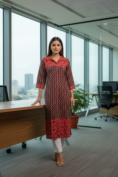 Ajrakh Print Collar Kurta With Wooden Buttons