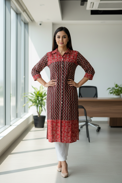 Ajrakh Print Collar Kurta With Wooden Buttons