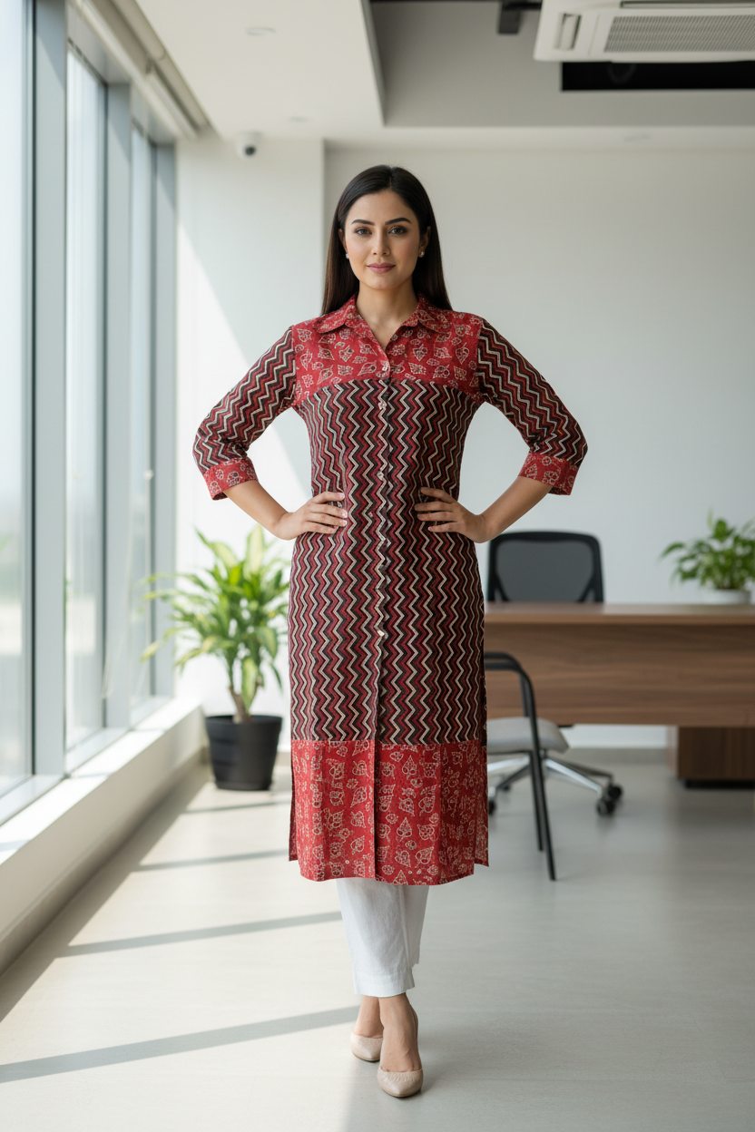 Ajrakh Print Collar Kurta With Wooden Buttons