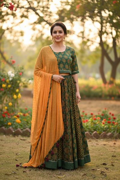Ajrakh Print Cotton Lehenga Choli Set With Chiffon Dupatta