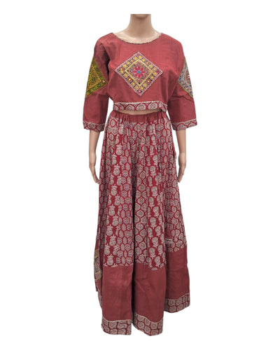 Buy Ajrakh Print Cotton Lehenga Choli Set With Ajrakh Dupatta – Tvahra
