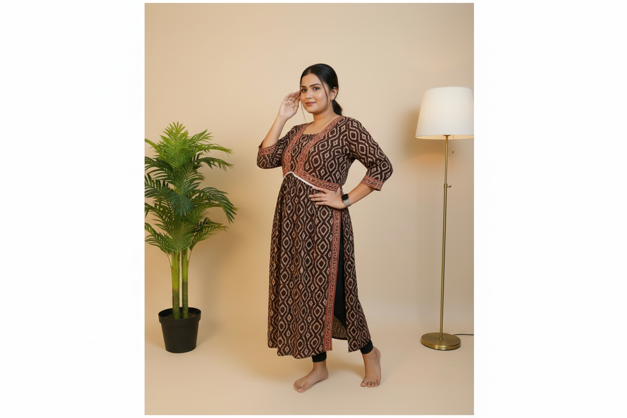 Ajrakh Print Nyra Cut Cotton Kurta - Brown