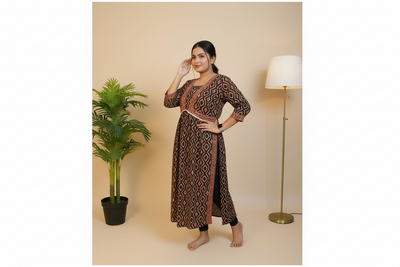 Ajrakh Print Nyra Cut Cotton Kurta - Brown