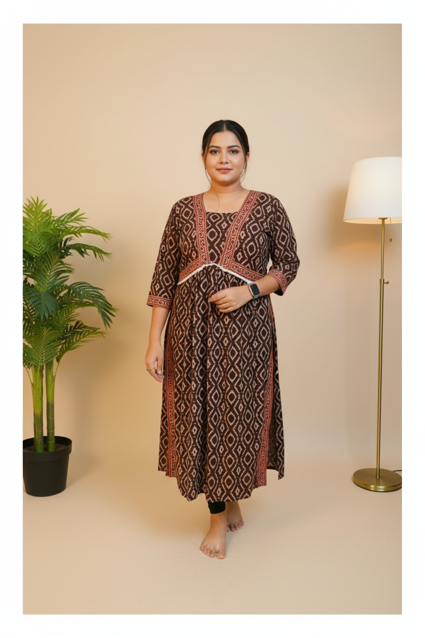 Ajrakh Print Nyra Cut Cotton Kurta - Brown