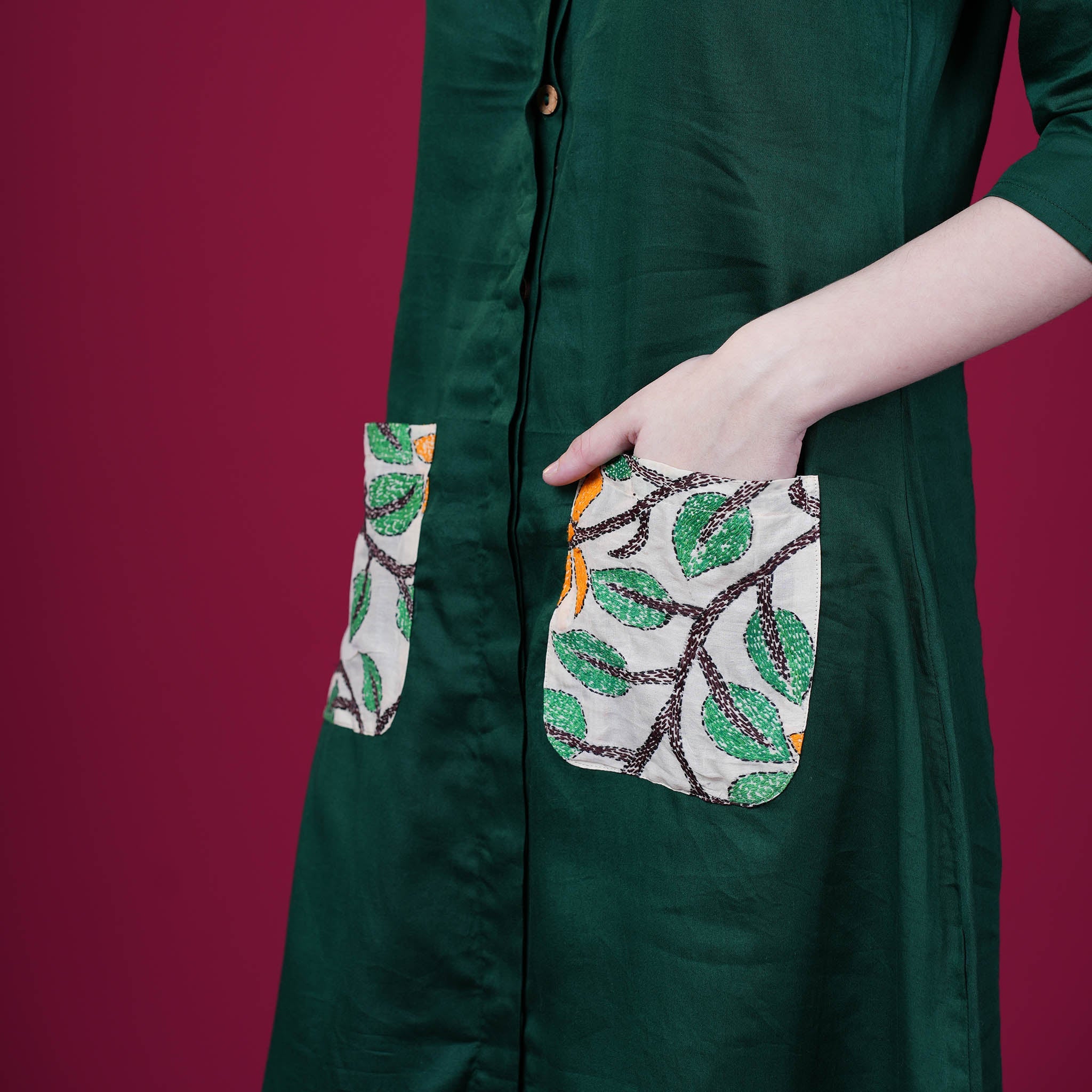 Cotton Silk One Piece Dress - Green