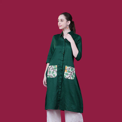 Cotton Silk One Piece Dress - Green