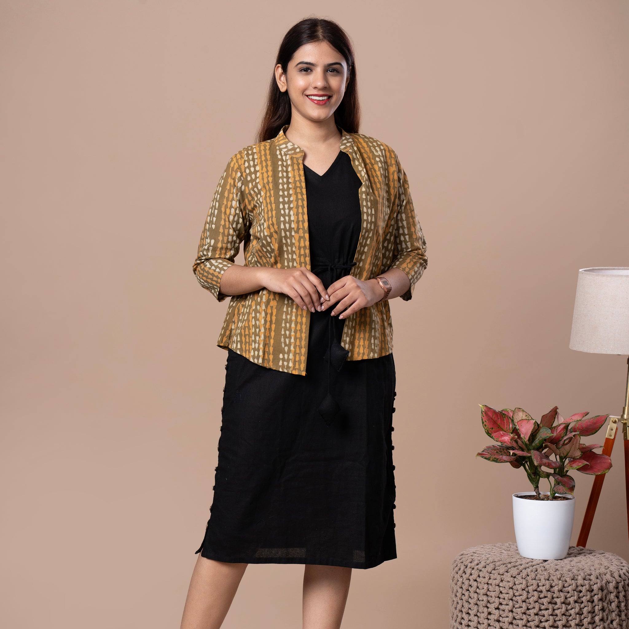 Sleeveless Dress With Block Printed Shrug