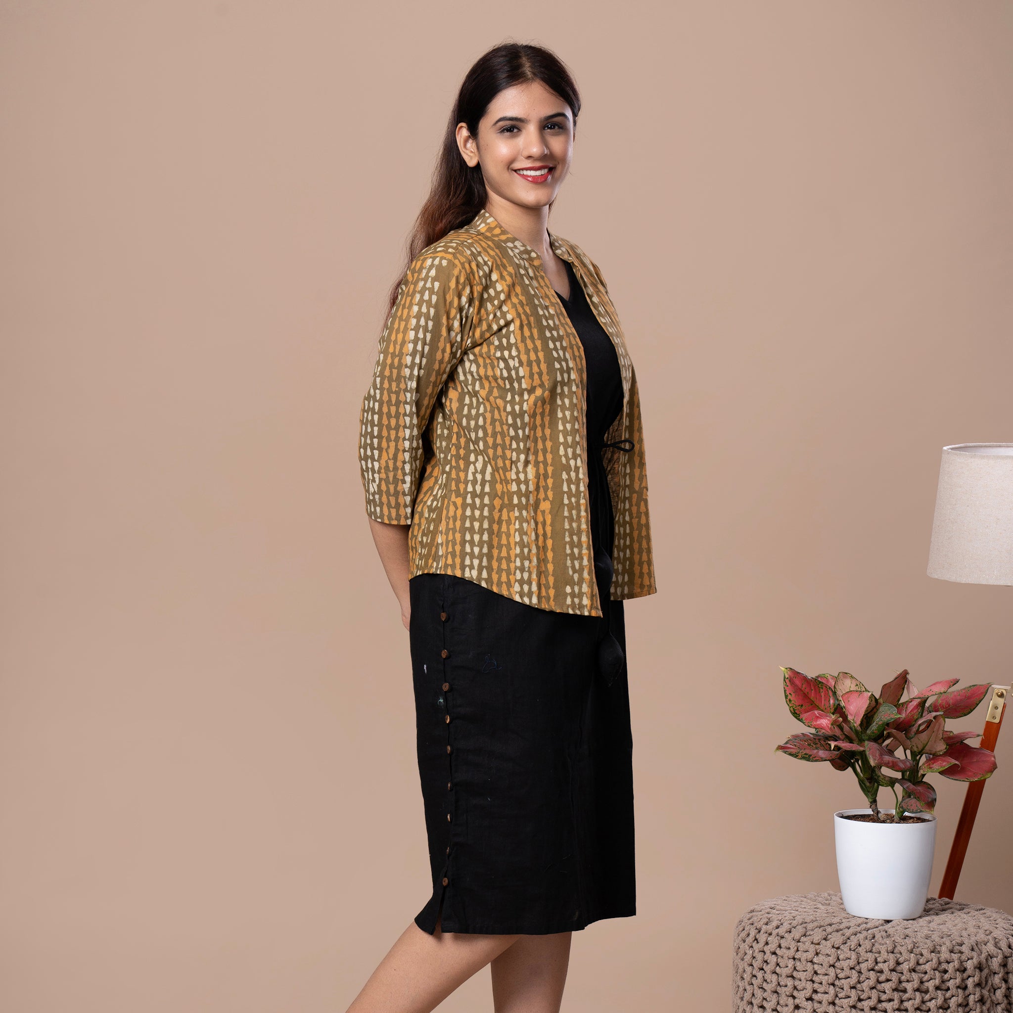 Sleeveless Dress With Block Printed Shrug