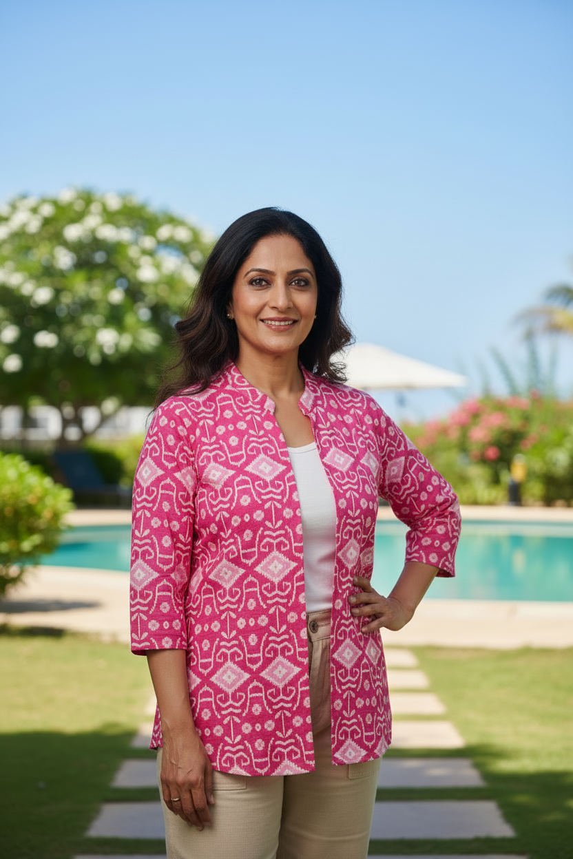 Cotton Printed Short Shrug - Pink