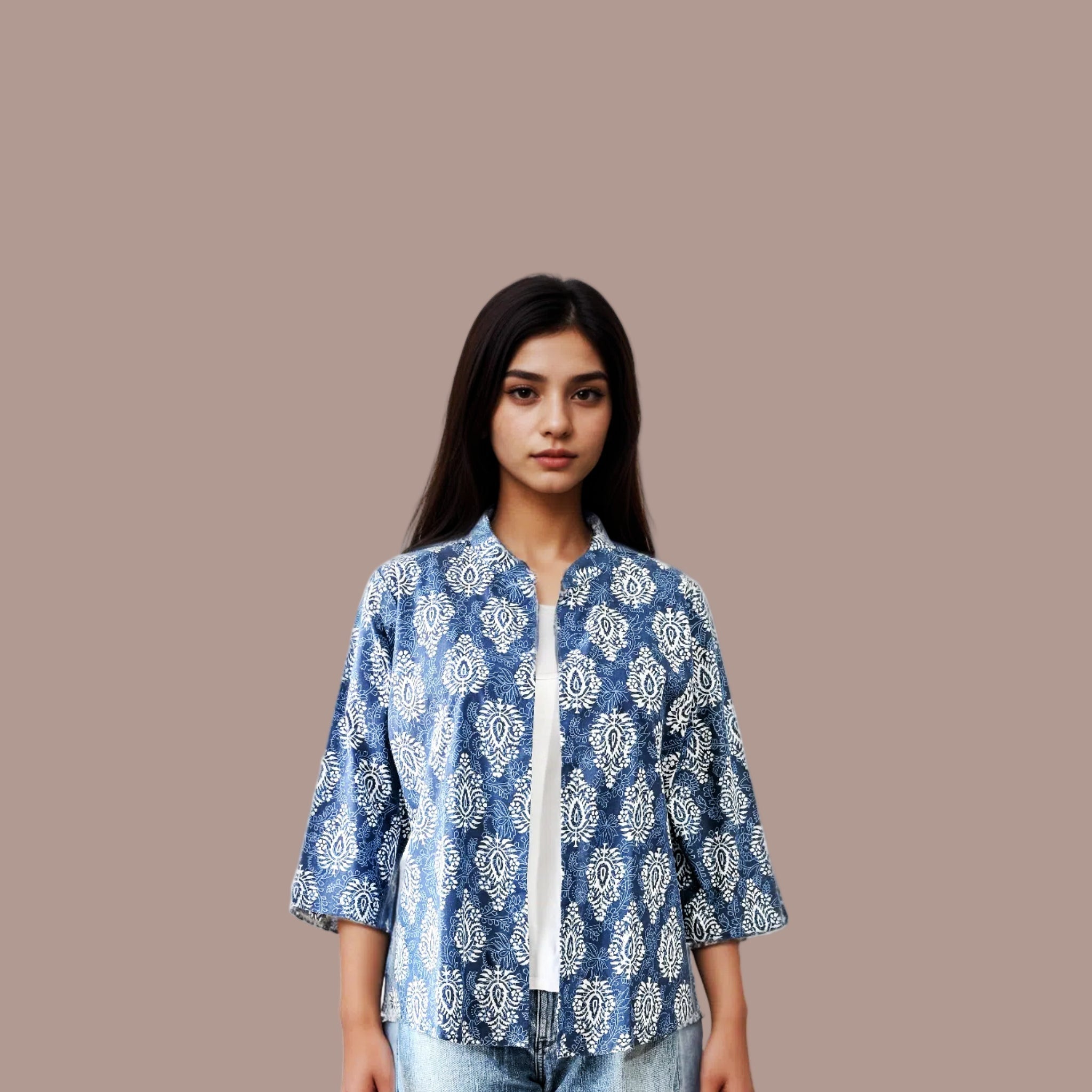 Cotton Printed Short Shrug - Navy-Blue