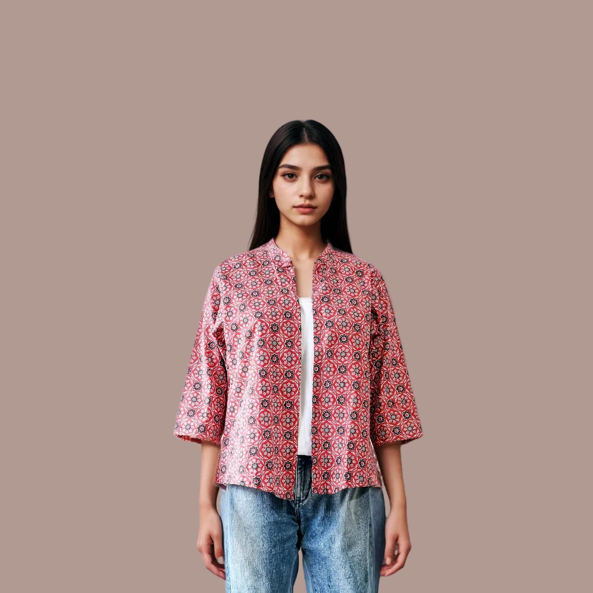 Cotton Printed Short Shrug - Red