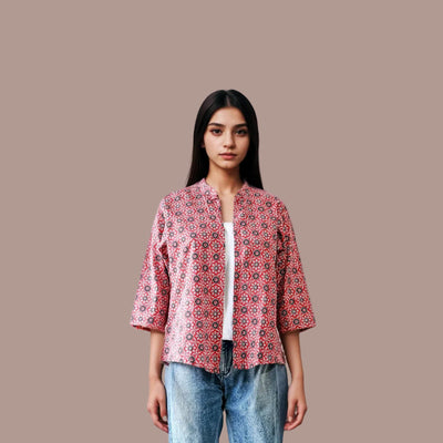 Cotton Printed Short Shrug - Red