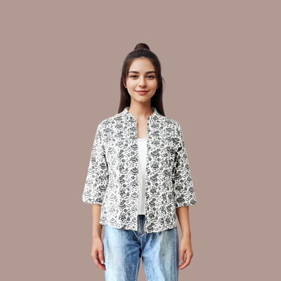 Cotton Printed Short Shrug - Gray