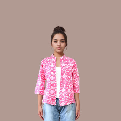 Cotton Printed Short Shrug - Pink
