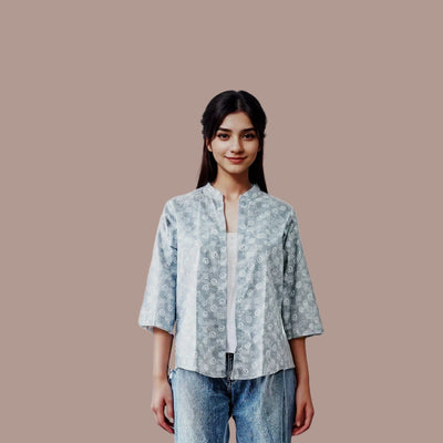 Cotton Printed Short Shrug - Gray