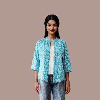 Cotton Printed Short Shrug - Greenish Blue