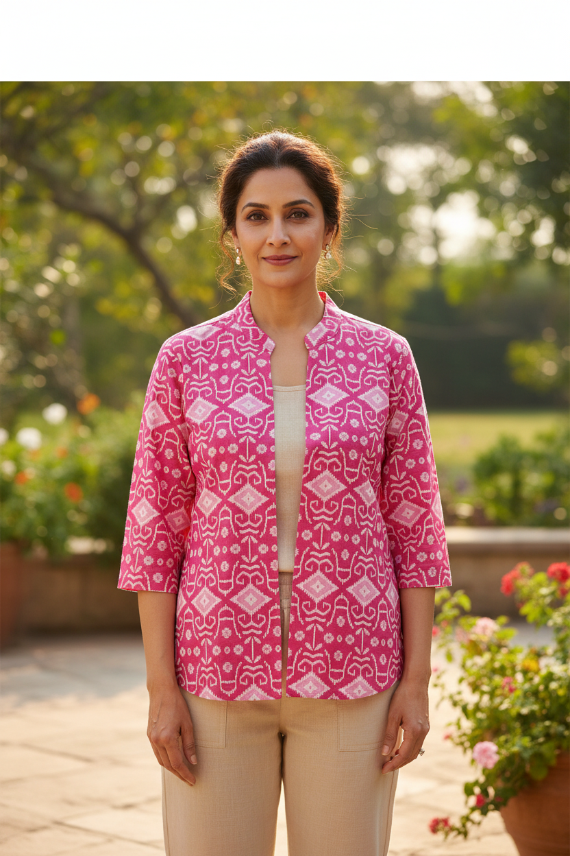 Cotton Printed Short Shrug - Pink