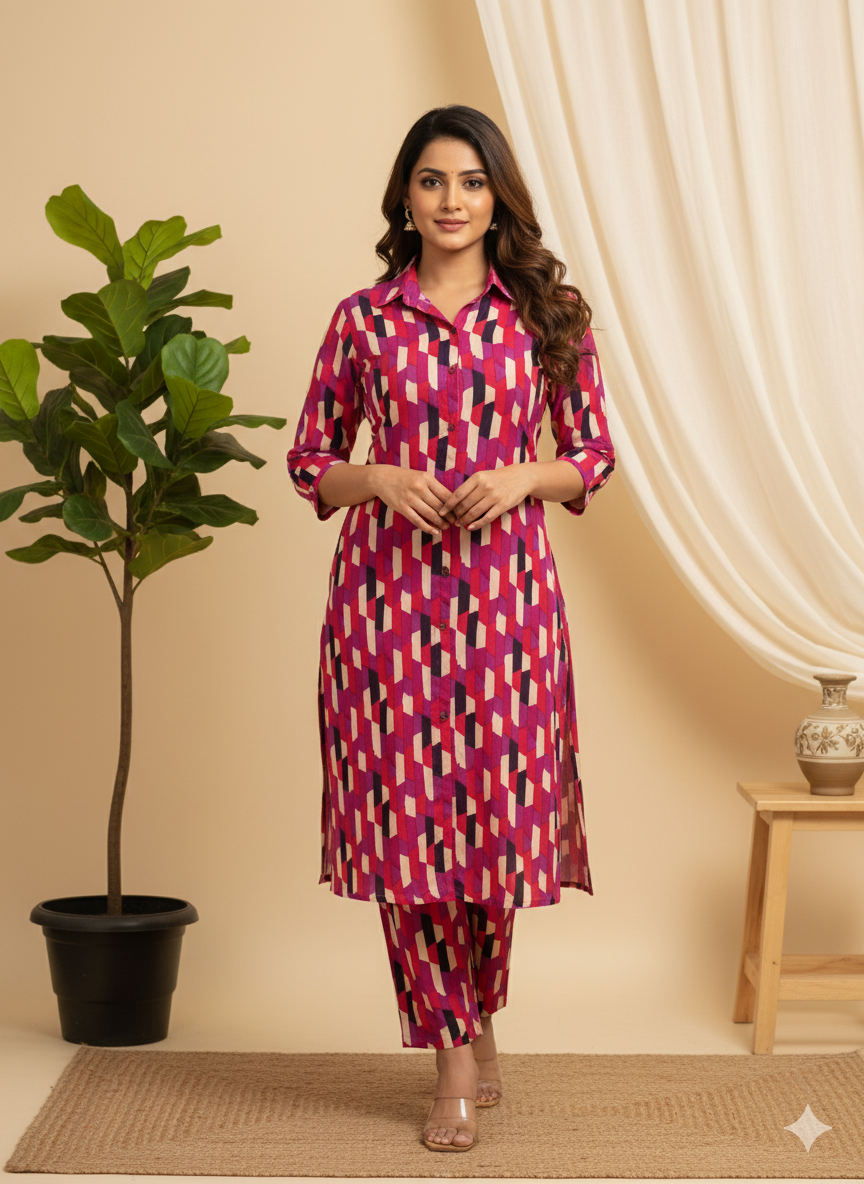 Geometric Print High-Low Cotton Co-Ord Set With Collar